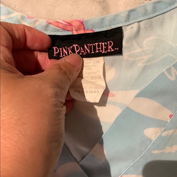 Gently Loved Light Blue Scrub Top with Pink Panther Design - Picture 4 of 7
